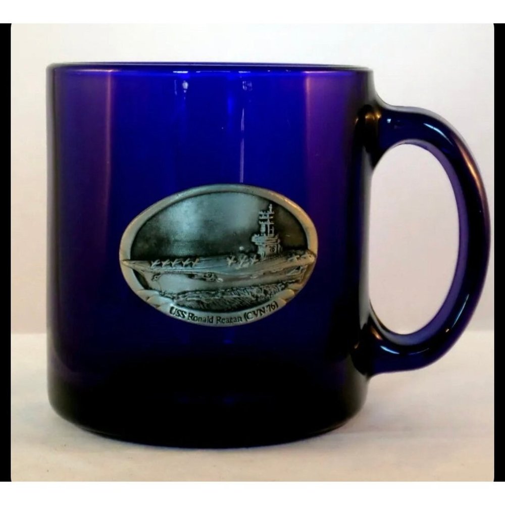 Collectible USS Ronald Reagan (CVN ‘76) Pewter/Cobalt Blue Glass Mug- Navy/Naval